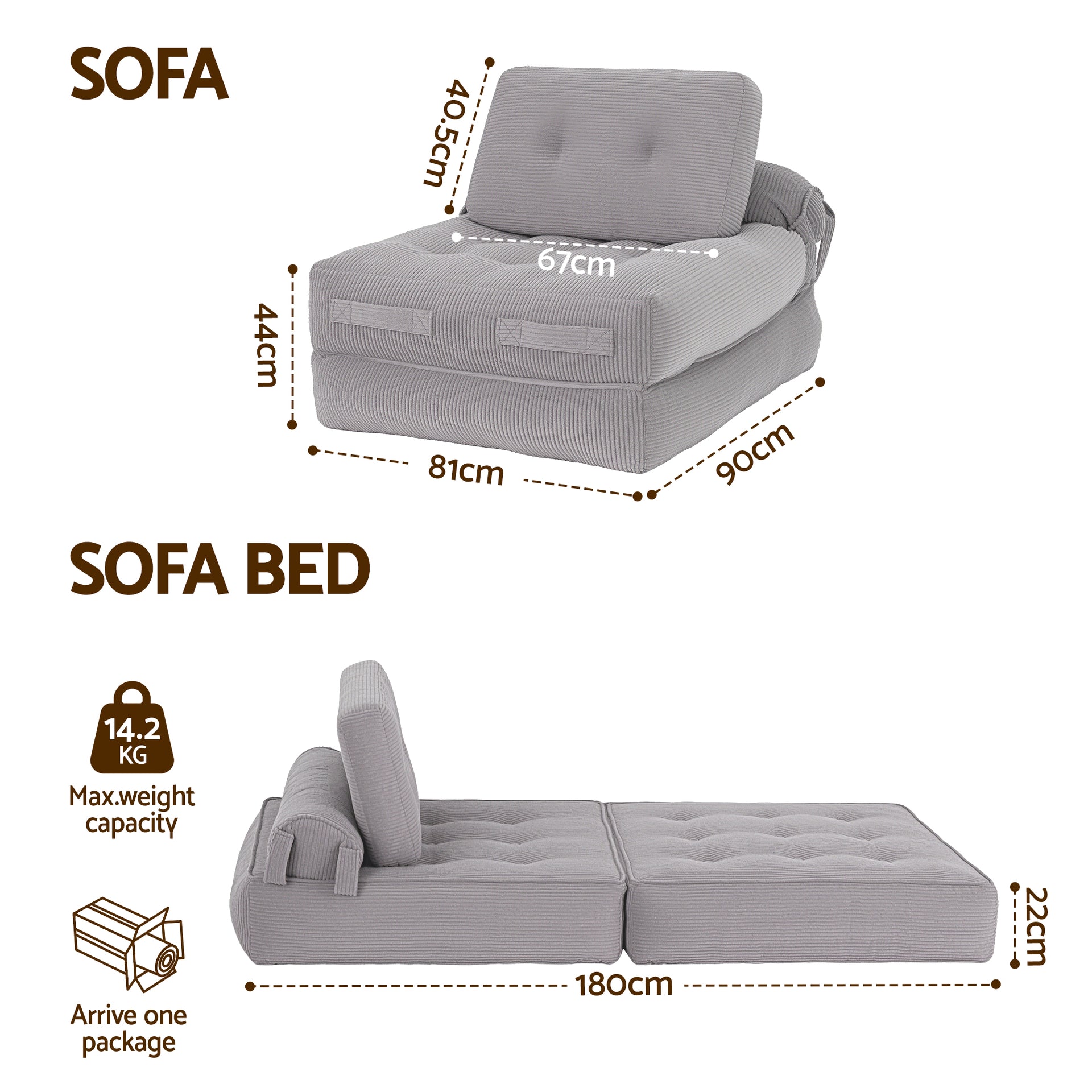 Artiss 1 Seater Corduroy Convertible Sofa Bed Pull Out Boneless Couch Grey Awezingly