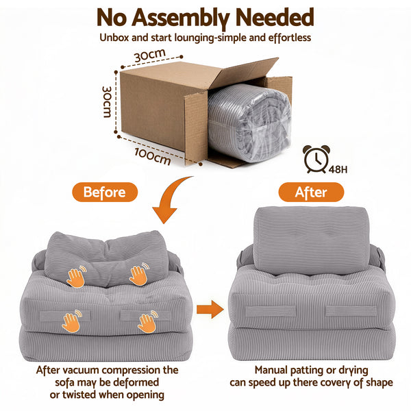Artiss 1 Seater Corduroy Convertible Sofa Bed Pull Out Boneless Couch Grey Awezingly
