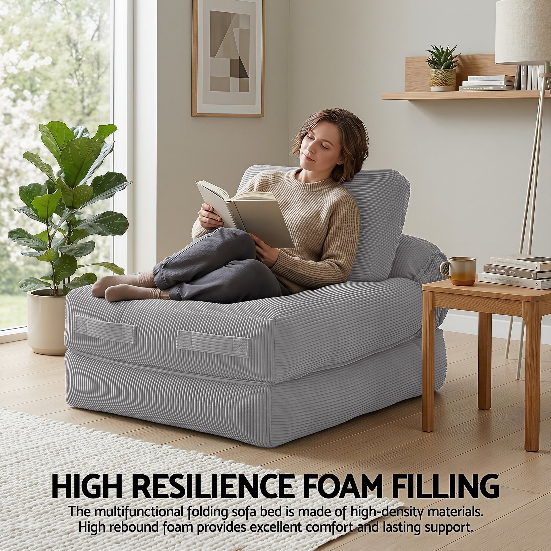 Artiss 1 Seater Corduroy Convertible Sofa Bed Pull Out Boneless Couch Grey Awezingly