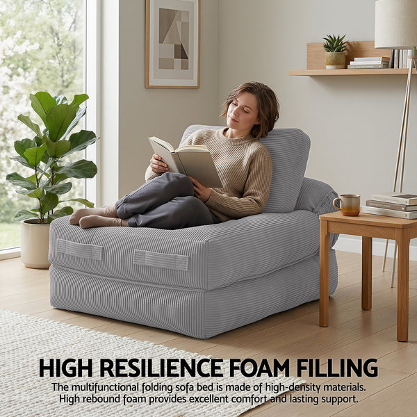 Artiss 1 Seater Corduroy Convertible Sofa Bed Pull Out Boneless Couch Grey Awezingly