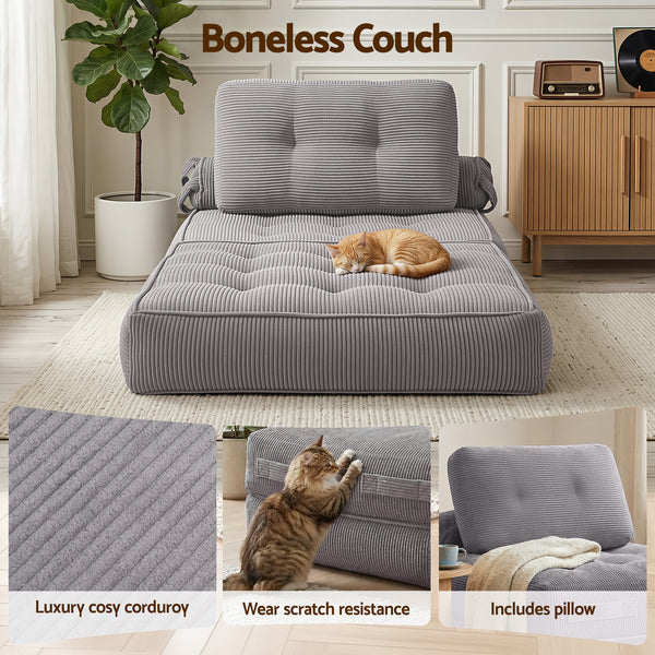 Artiss 1 Seater Corduroy Convertible Sofa Bed Pull Out Boneless Couch Grey Awezingly