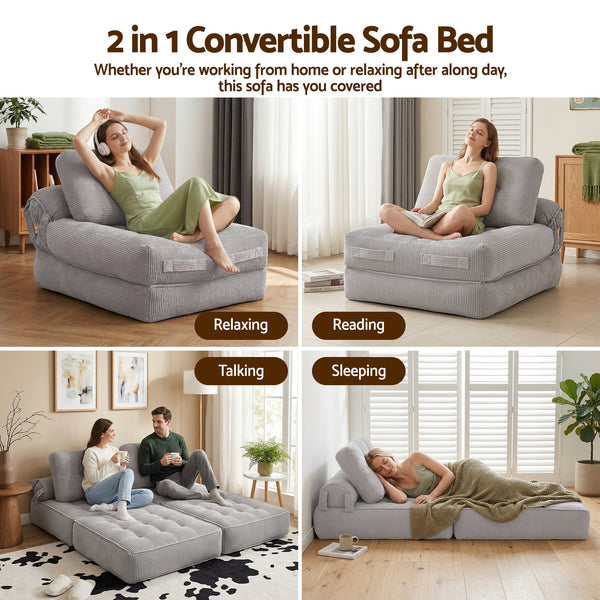 Artiss 1 Seater Corduroy Convertible Sofa Bed Pull Out Boneless Couch Grey Awezingly