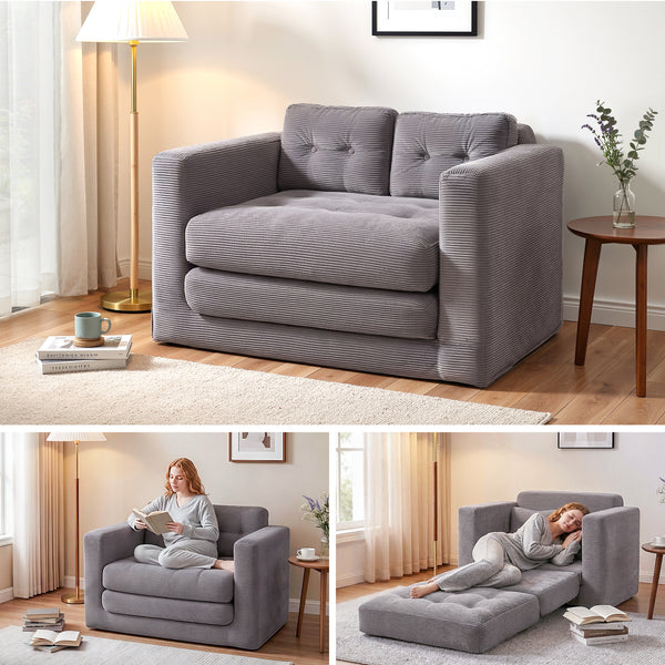 Artiss 2 Seater Corduroy Convertible Sofa Bed Pull Out Boneless Couch Grey Awezingly