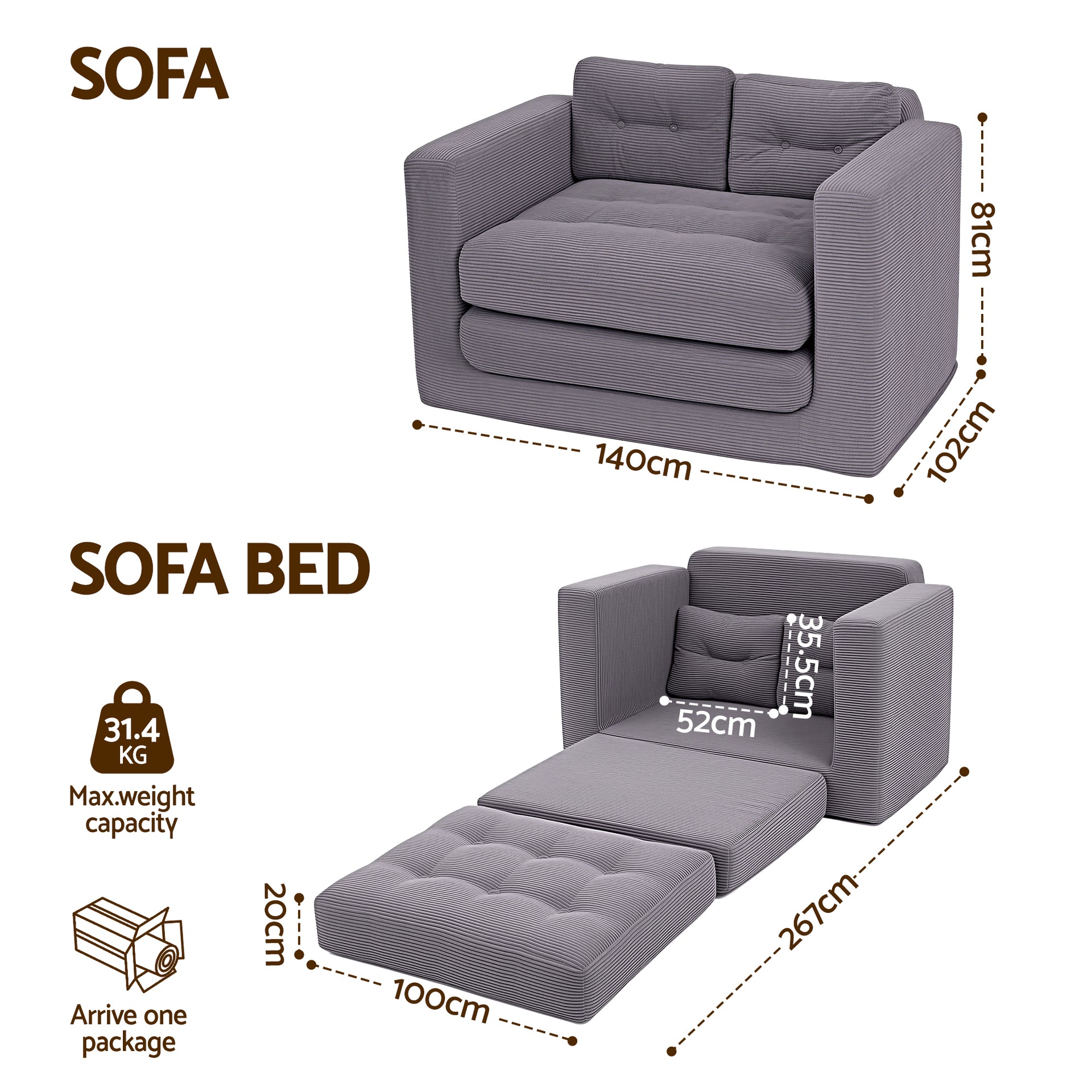 Artiss 2 Seater Corduroy Convertible Sofa Bed Pull Out Boneless Couch Grey Awezingly