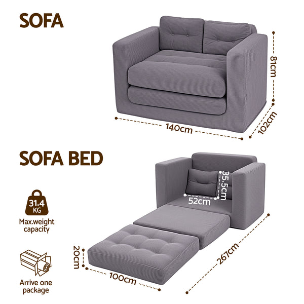 Artiss 2 Seater Corduroy Convertible Sofa Bed Pull Out Boneless Couch Grey Awezingly