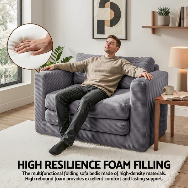 Artiss 2 Seater Corduroy Convertible Sofa Bed Pull Out Boneless Couch Grey Awezingly