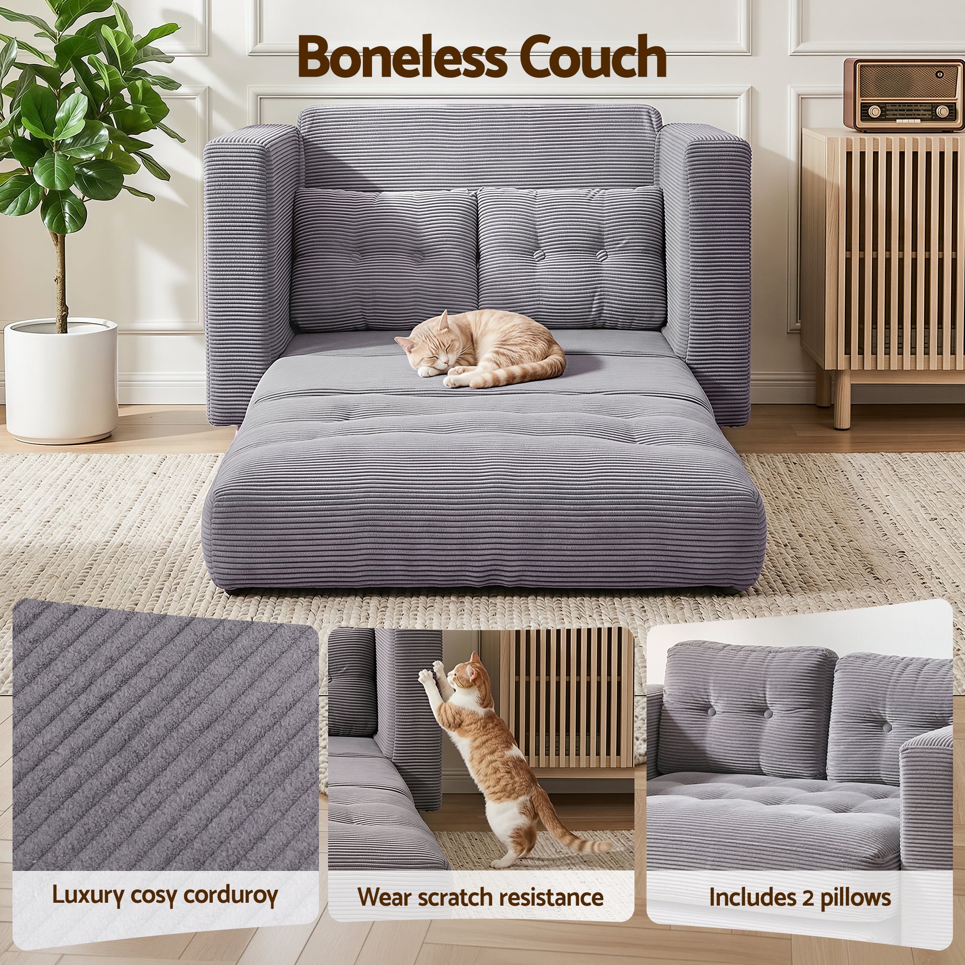 Artiss 2 Seater Corduroy Convertible Sofa Bed Pull Out Boneless Couch Grey Awezingly
