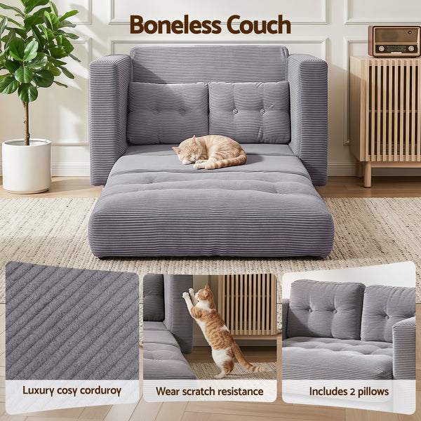 Artiss 2 Seater Corduroy Convertible Sofa Bed Pull Out Boneless Couch Grey Awezingly