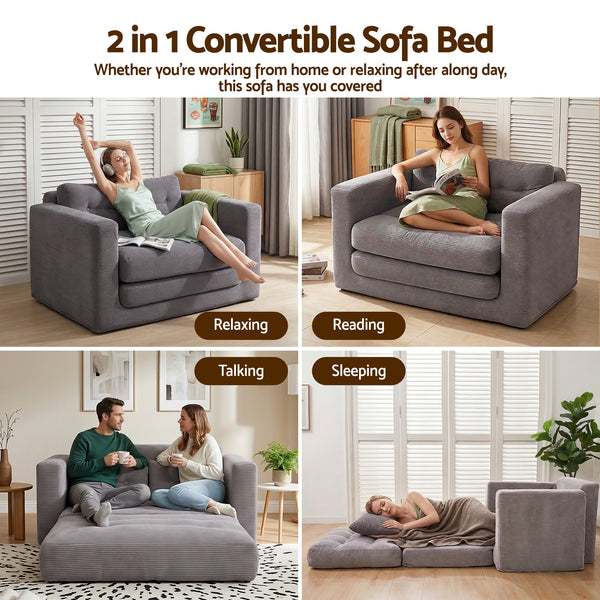 Artiss 2 Seater Corduroy Convertible Sofa Bed Pull Out Boneless Couch Grey Awezingly