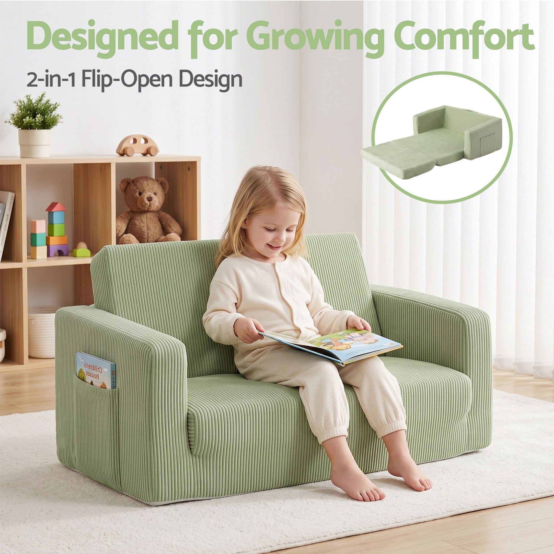Artiss 2-in-1 Sofa Foam Couch with Side Pocket Light Green Awezingly