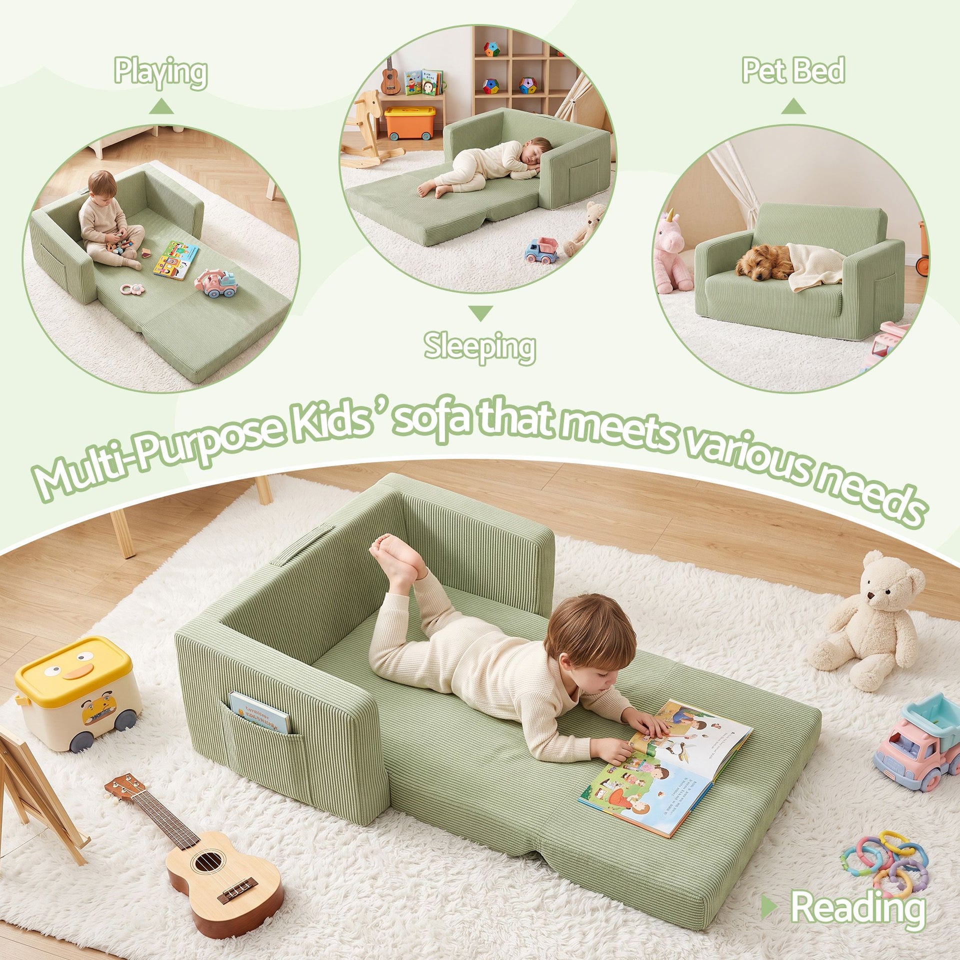 Artiss 2-in-1 Sofa Foam Couch with Side Pocket Light Green Awezingly
