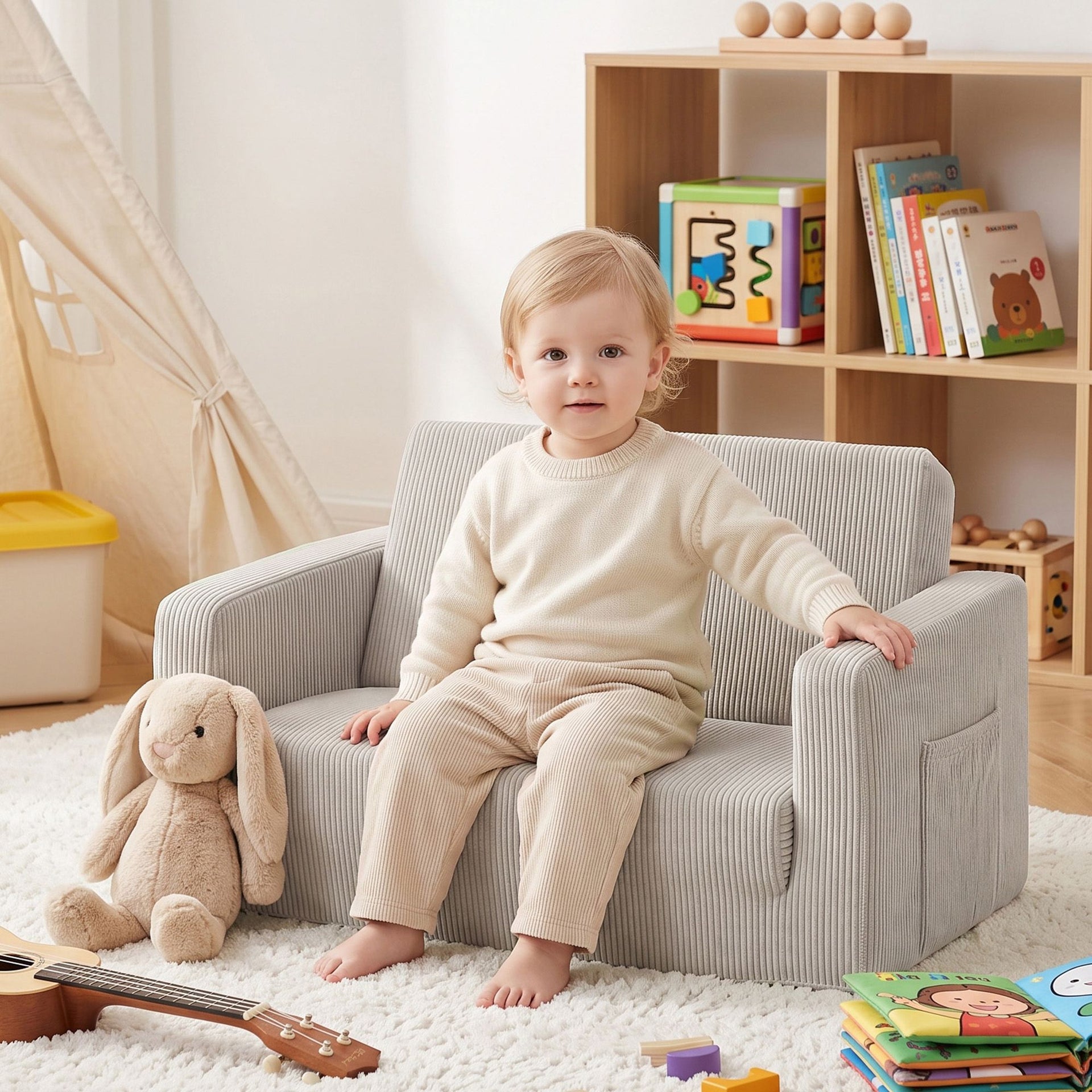 Artiss 2-in-1 Sofa Foam Couch with Side Pocket Light Grey Awezingly
