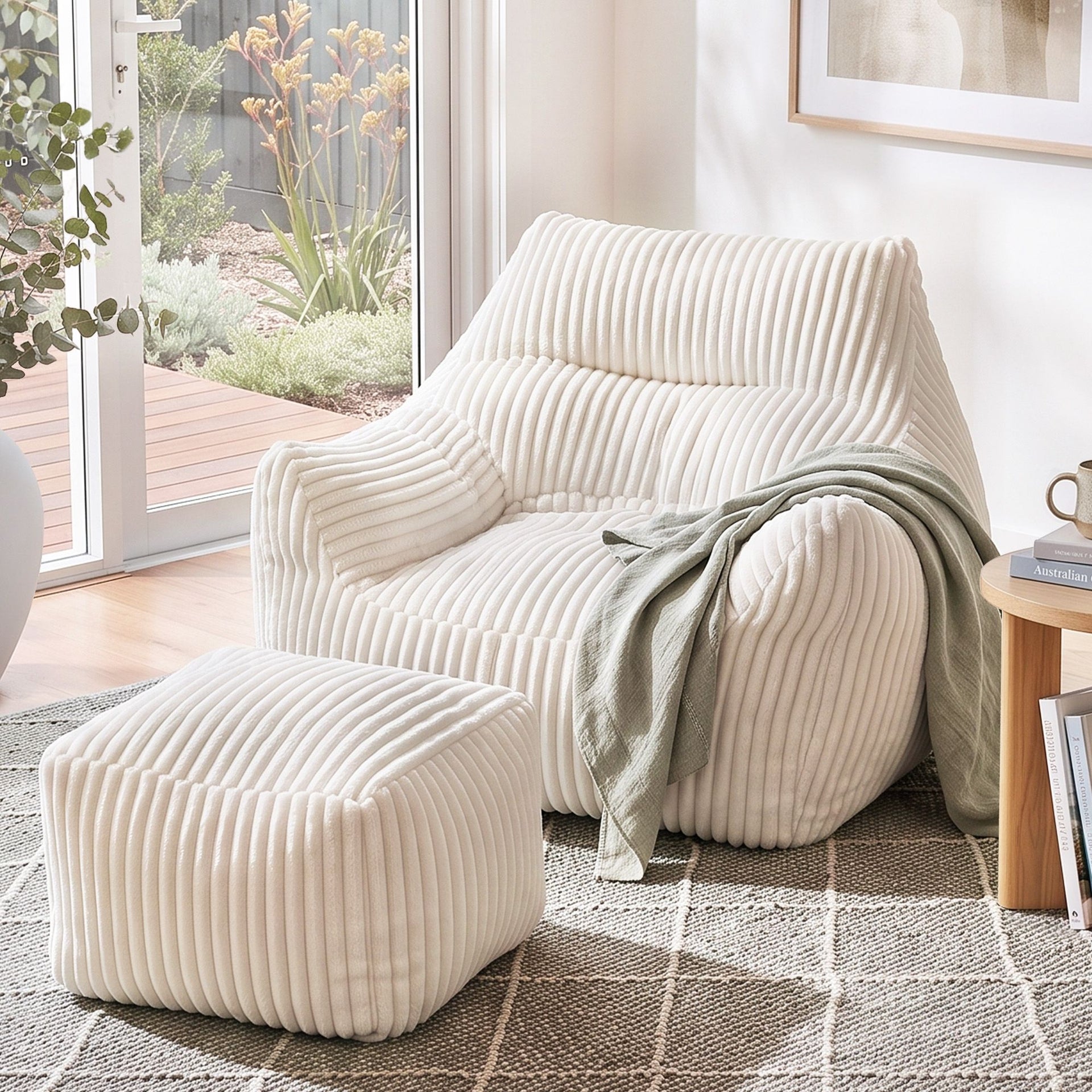 Artiss Bean Bag Sofa w/Ottoman Corduroy for Adults Teens White Artiss