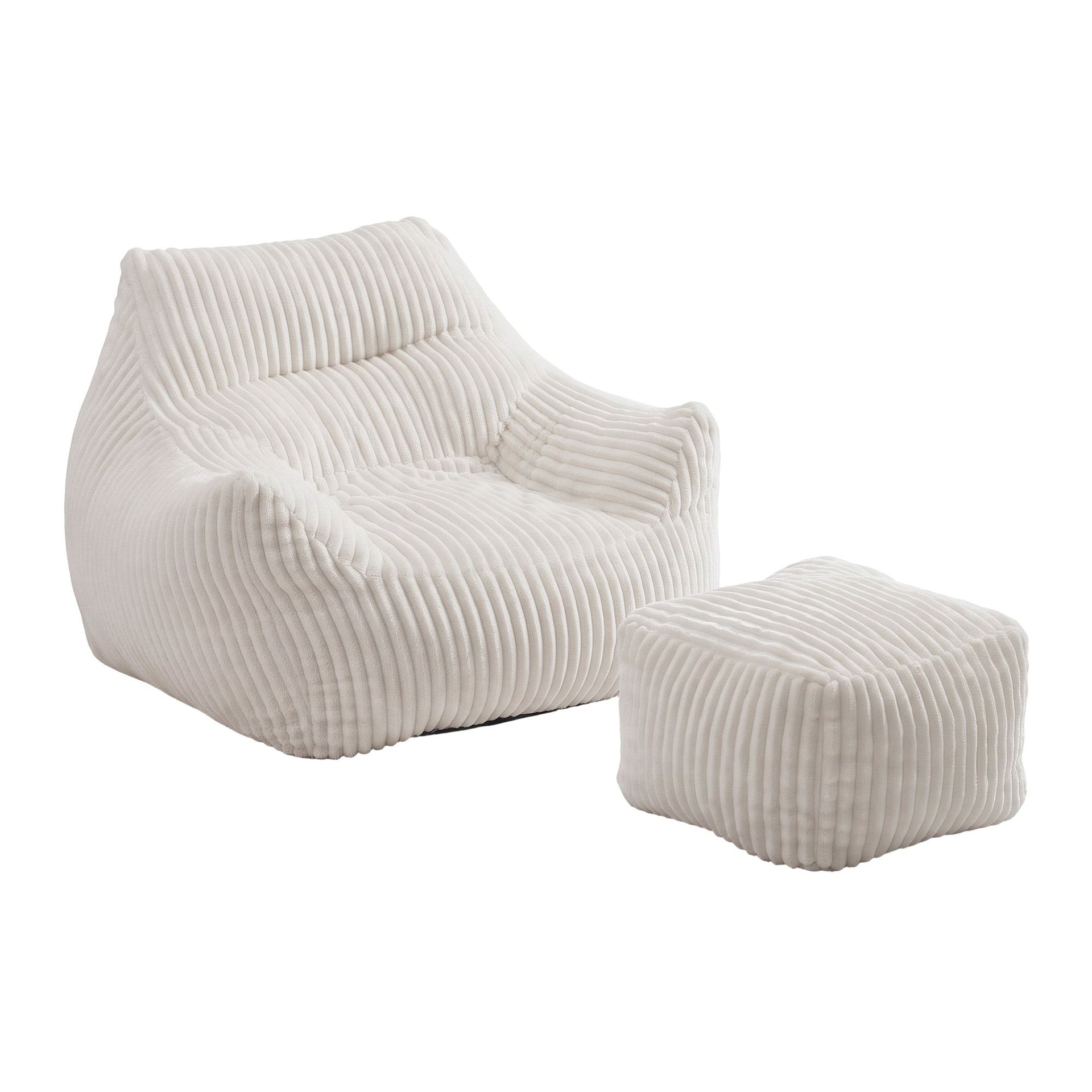 Artiss Bean Bag Sofa w/Ottoman Corduroy for Adults Teens White Artiss