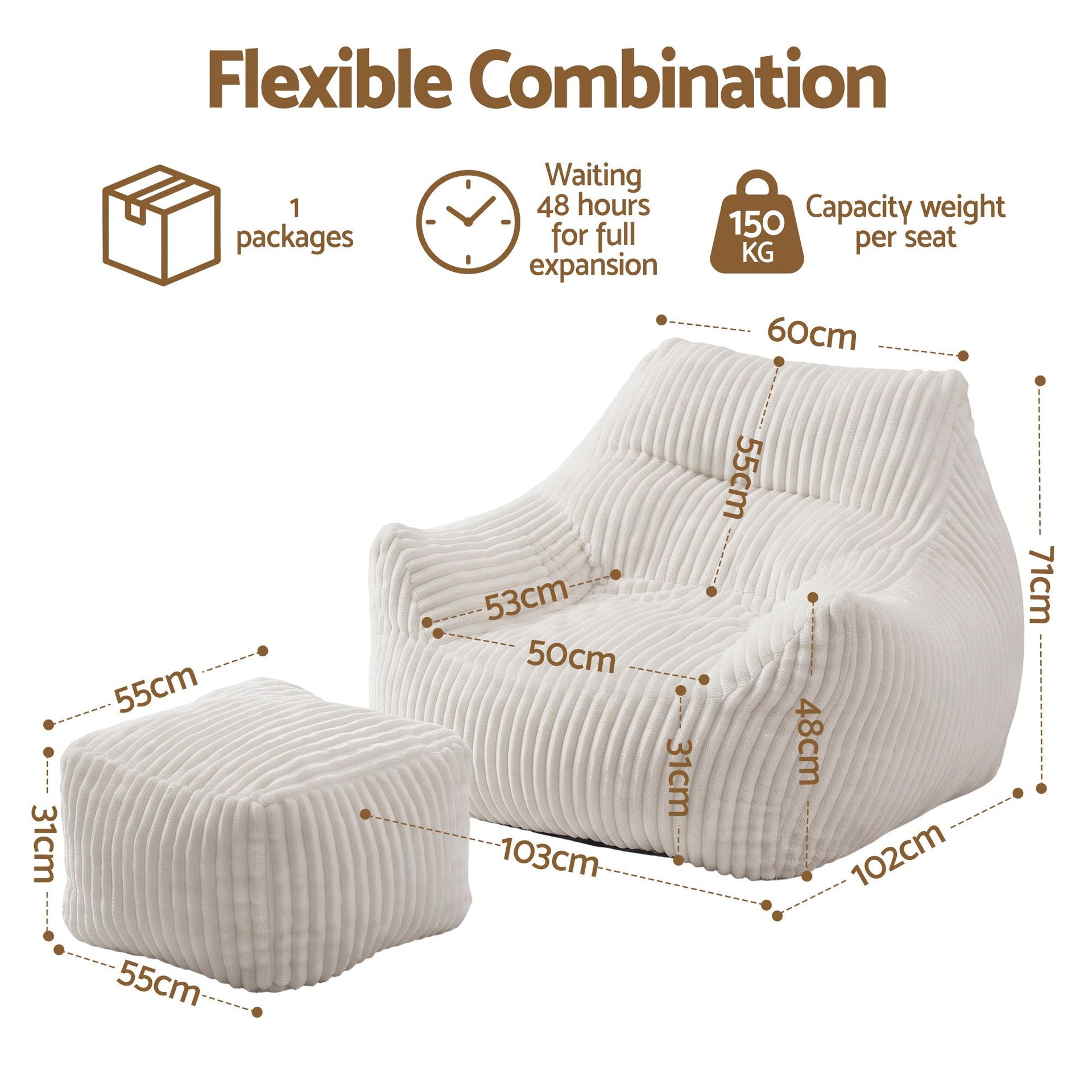 Artiss Bean Bag Sofa w/Ottoman Corduroy for Adults Teens White Artiss