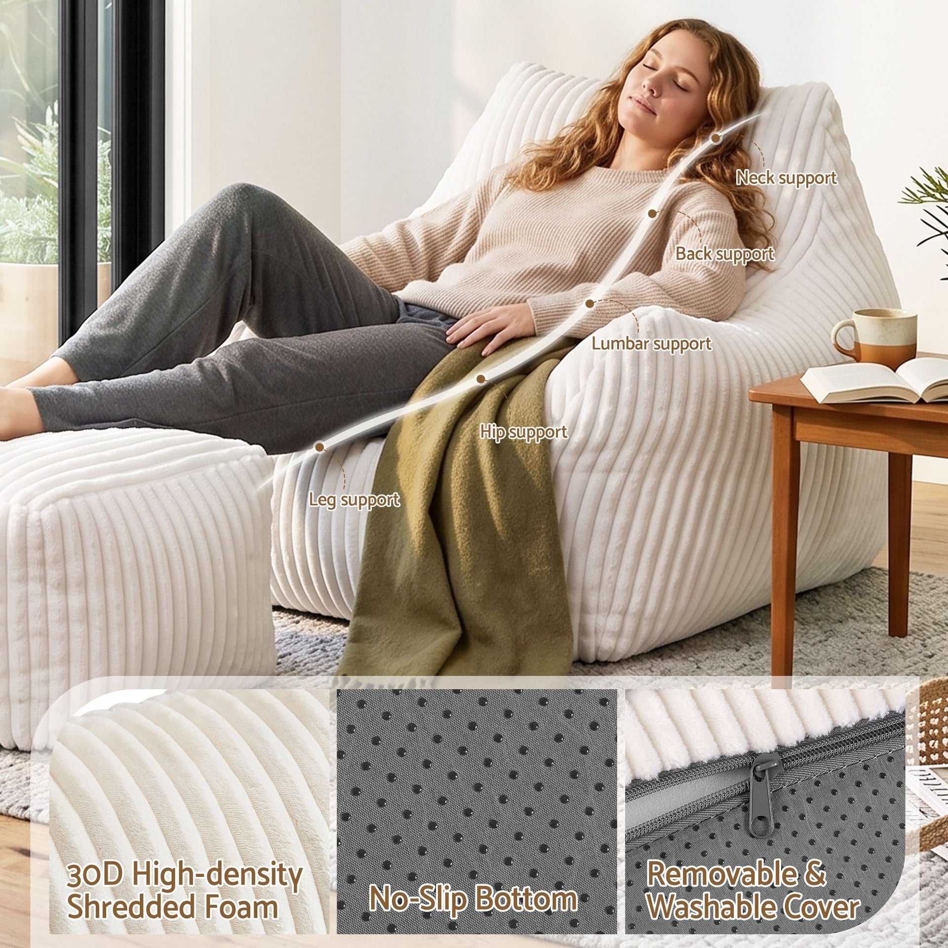 Artiss Bean Bag Sofa w/Ottoman Corduroy for Adults Teens White Artiss