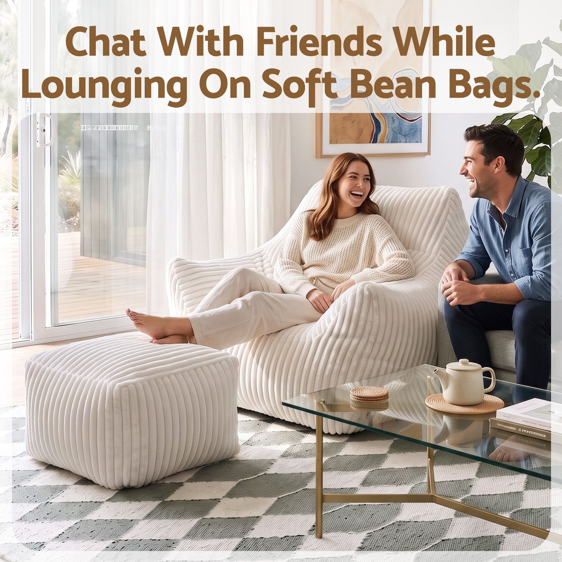 Artiss Bean Bag Sofa w/Ottoman Corduroy for Adults Teens White Artiss