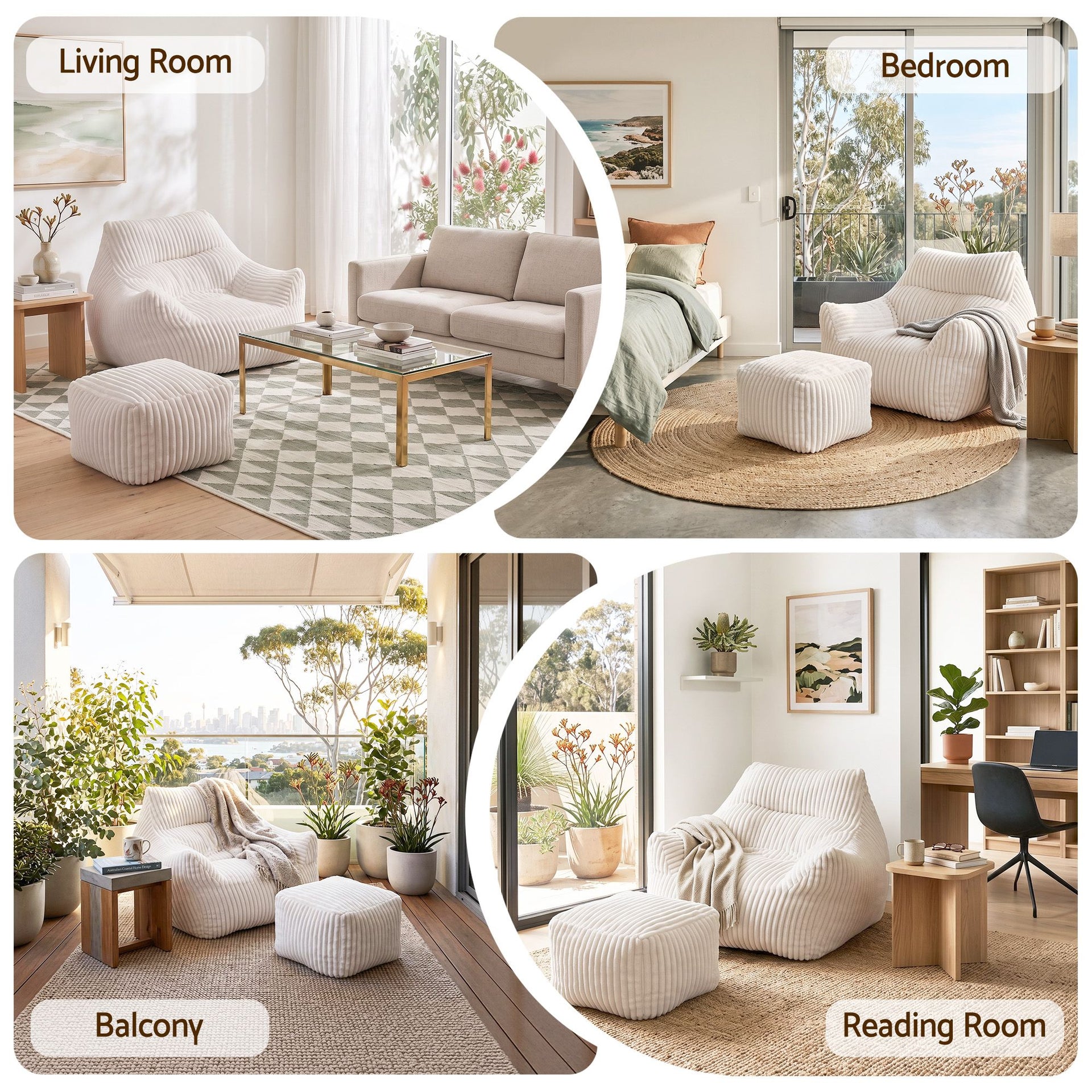 Artiss Bean Bag Sofa w/Ottoman Corduroy for Adults Teens White Artiss