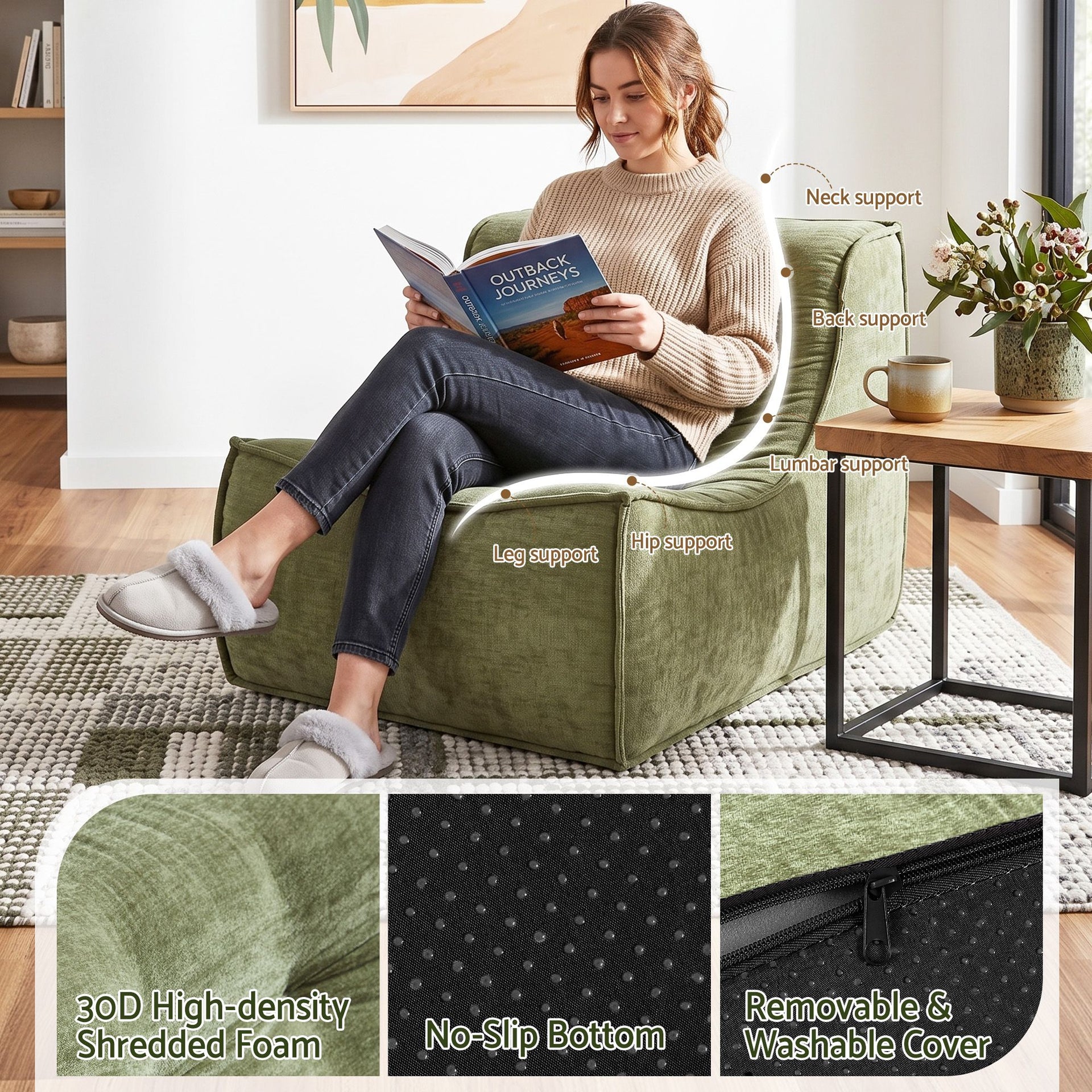 Artiss Floor Sofa Armless Chenille No Assembly Removable Cover Green Artiss