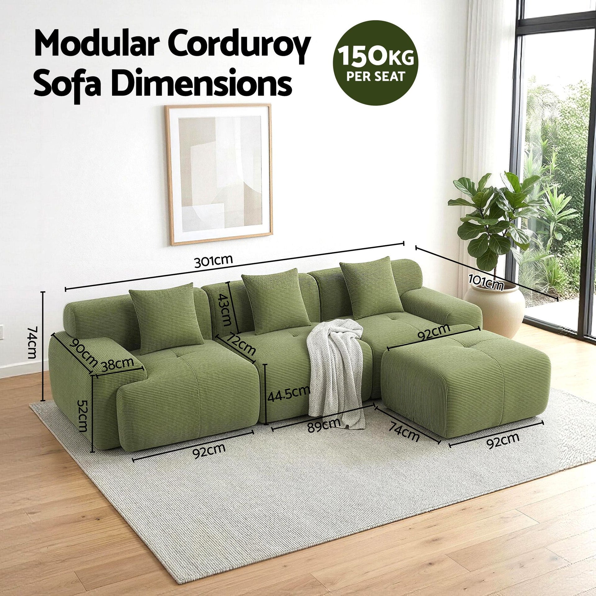 Artiss 300cm Modular Sofa Bed Comfort L-Shaped Sectional Boneless Couch Green Awezingly