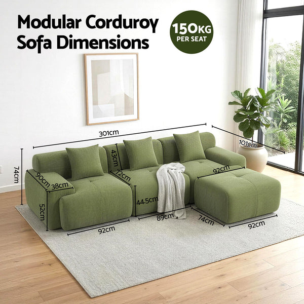 Artiss 300cm Modular Sofa Bed Comfort L-Shaped Sectional Boneless Couch Green Awezingly