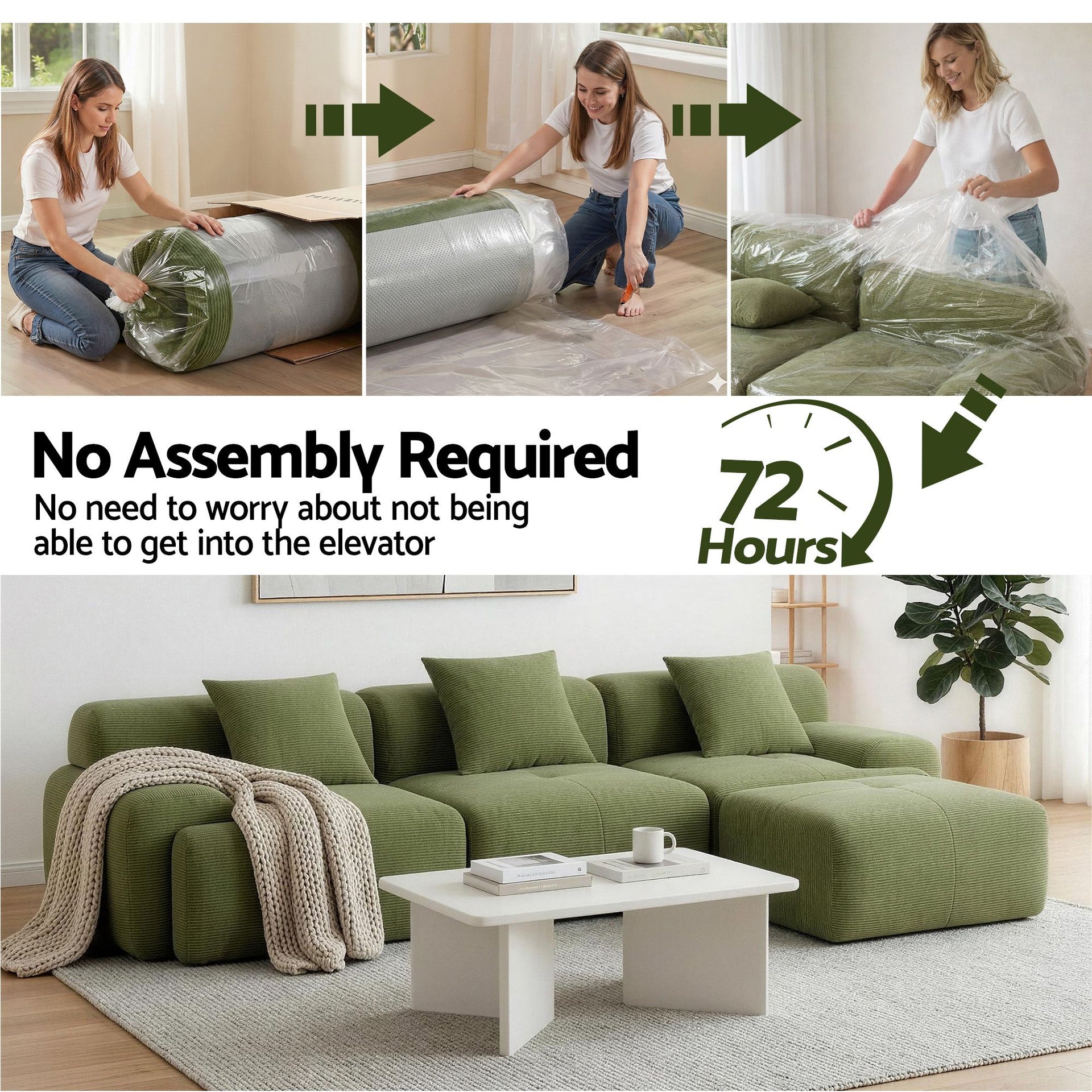 Artiss 300cm Modular Sofa Bed Comfort L-Shaped Sectional Boneless Couch Green Awezingly
