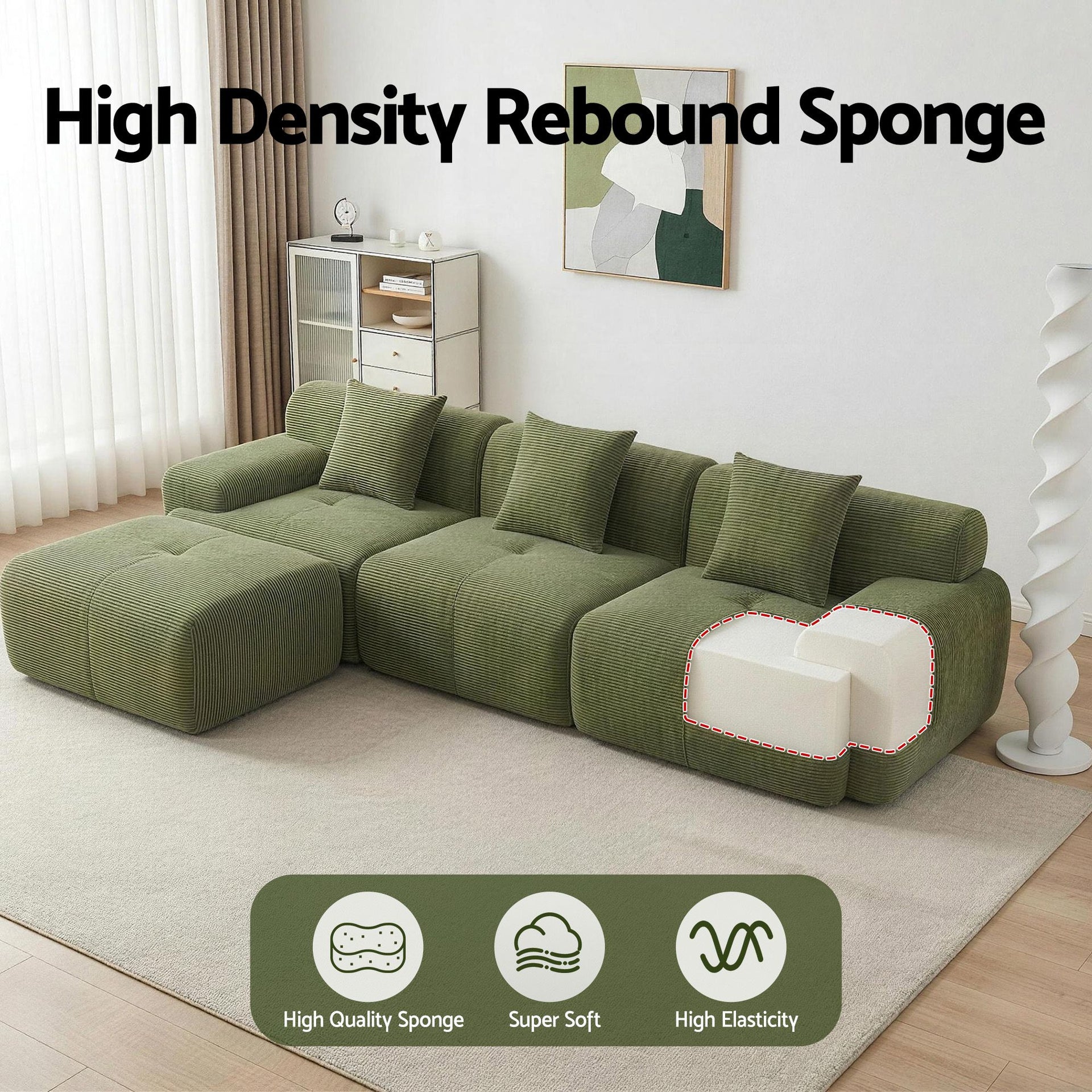 Artiss 300cm Modular Sofa Bed Comfort L-Shaped Sectional Boneless Couch Green Awezingly