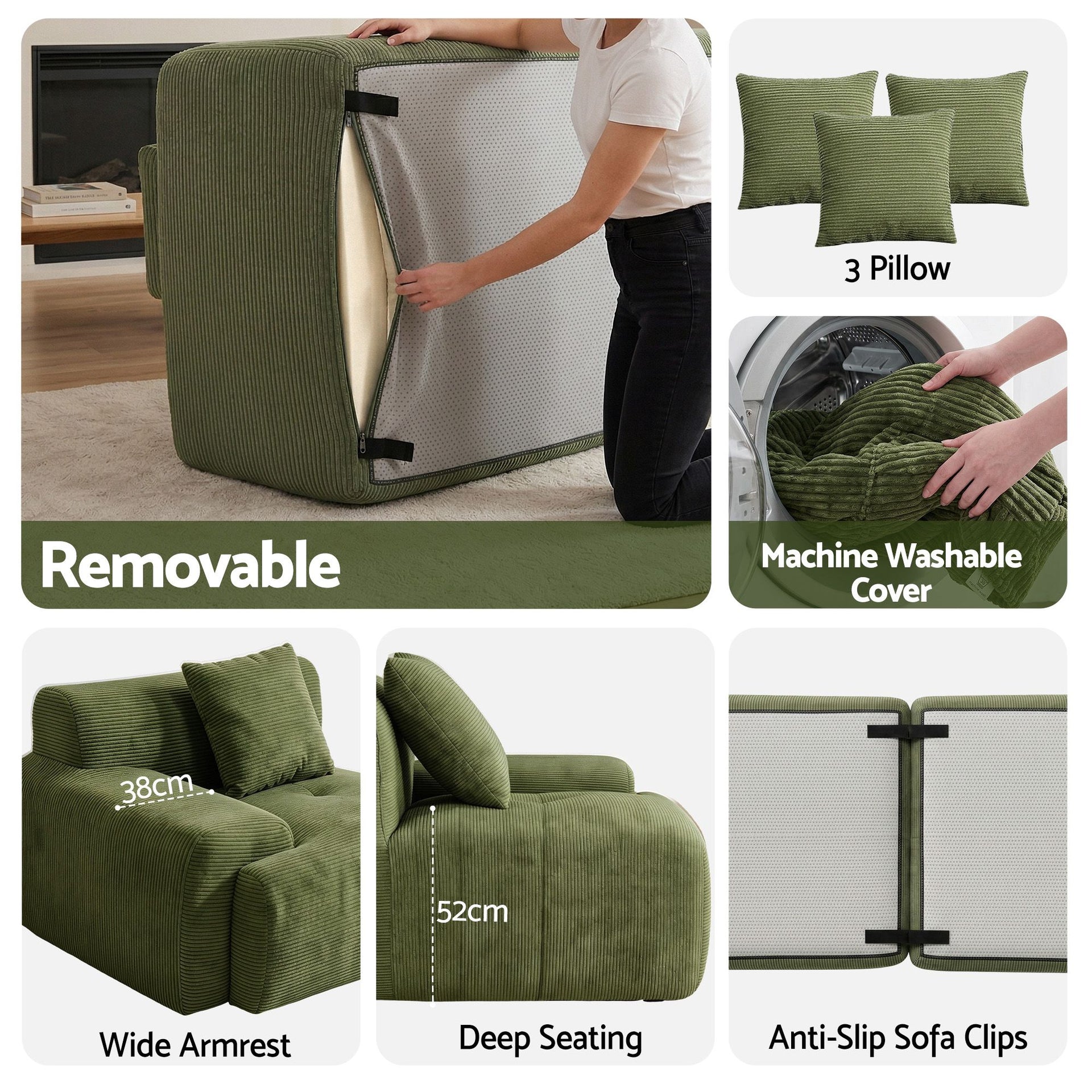 Artiss 300cm Modular Sofa Bed Comfort L-Shaped Sectional Boneless Couch Green Awezingly