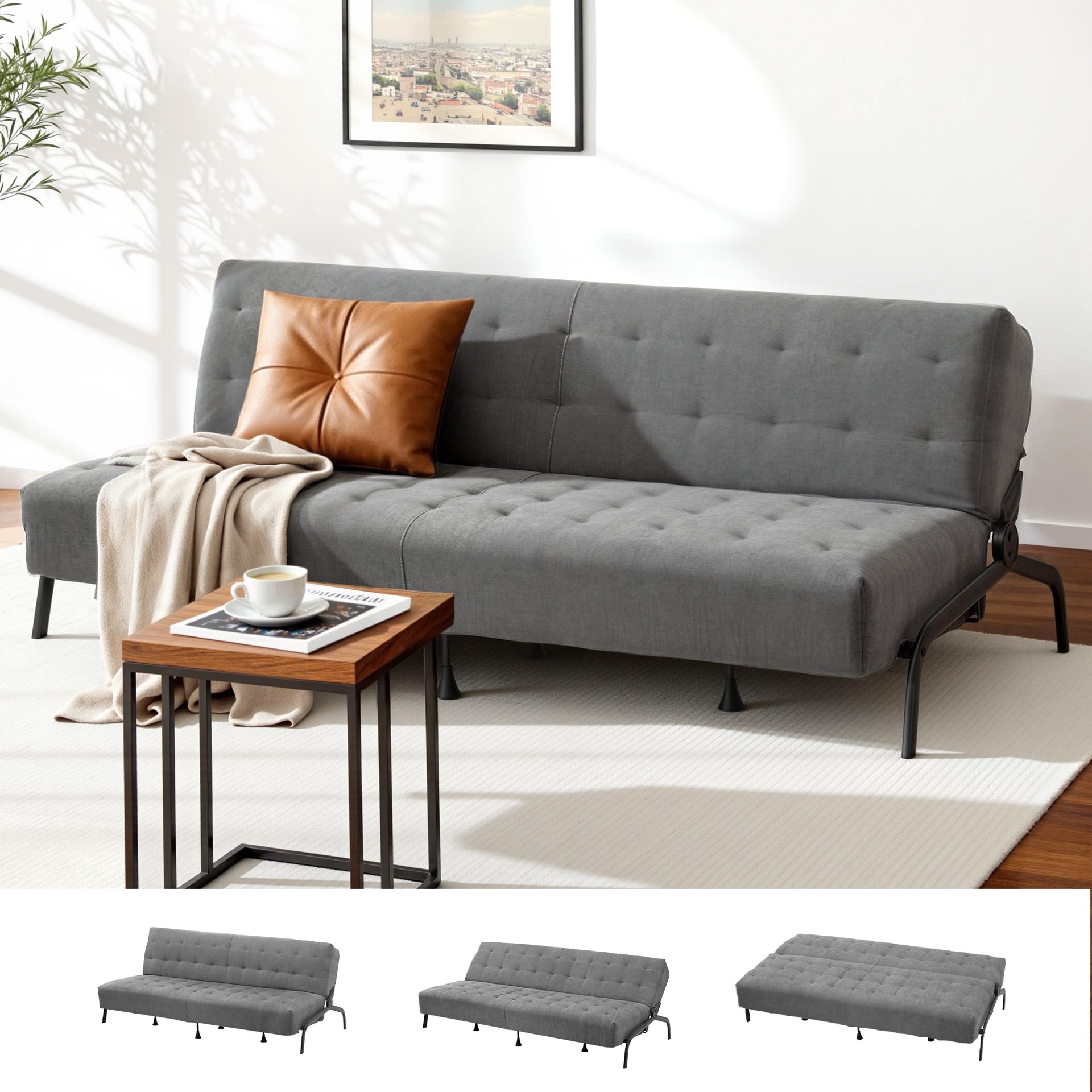 Artiss Sofa Bed, 1.9m 3-Seater Soft Innerspring Adjustable Couch Futon Chair for Apartment Dorm Living Room Office Study Bedroom, Grey Awezingly