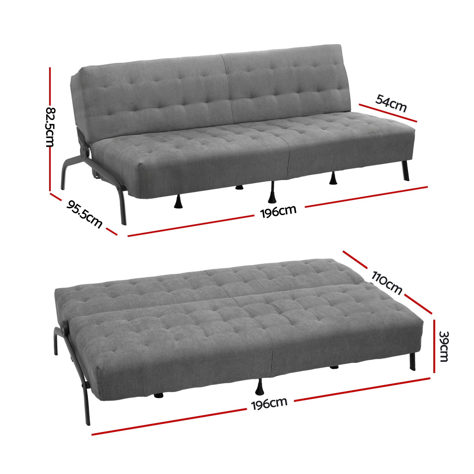 Artiss Sofa Bed, 1.9m 3-Seater Soft Innerspring Adjustable Couch Futon Chair for Apartment Dorm Living Room Office Study Bedroom, Grey Awezingly