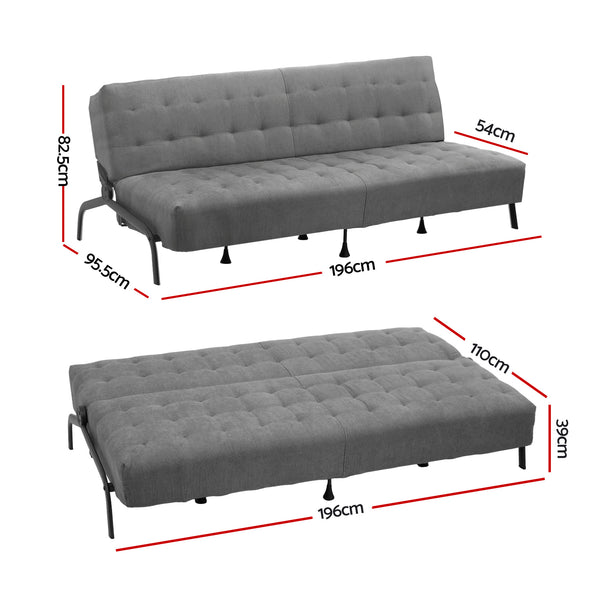 Artiss Sofa Bed, 1.9m 3-Seater Soft Innerspring Adjustable Couch Futon Chair for Apartment Dorm Living Room Office Study Bedroom, Grey Awezingly