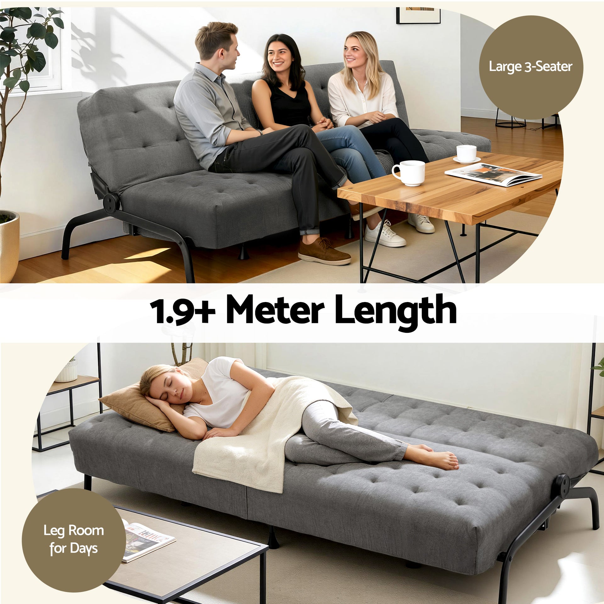 Artiss Sofa Bed, 1.9m 3-Seater Soft Innerspring Adjustable Couch Futon Chair for Apartment Dorm Living Room Office Study Bedroom, Grey Awezingly