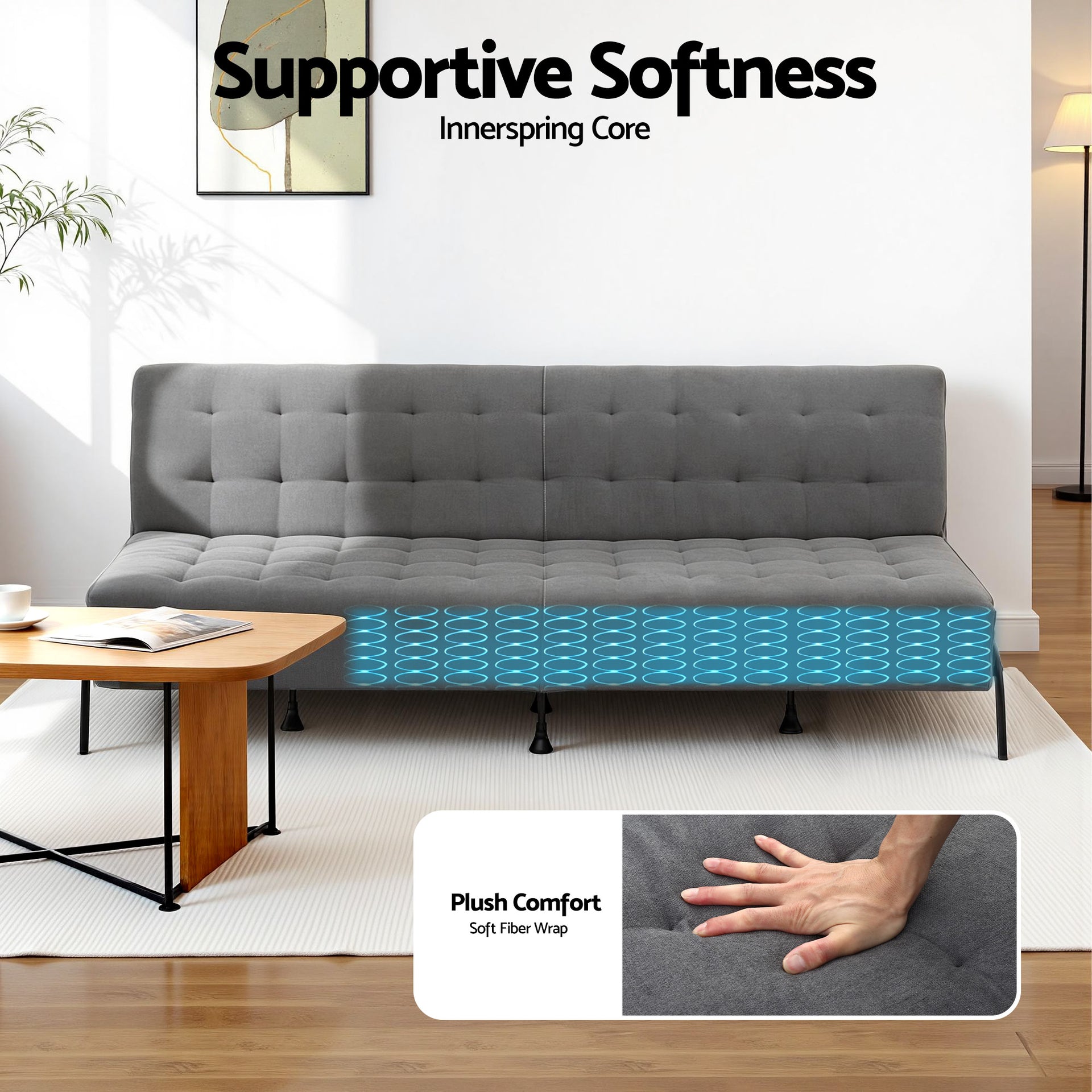 Artiss Sofa Bed, 1.9m 3-Seater Soft Innerspring Adjustable Couch Futon Chair for Apartment Dorm Living Room Office Study Bedroom, Grey Awezingly