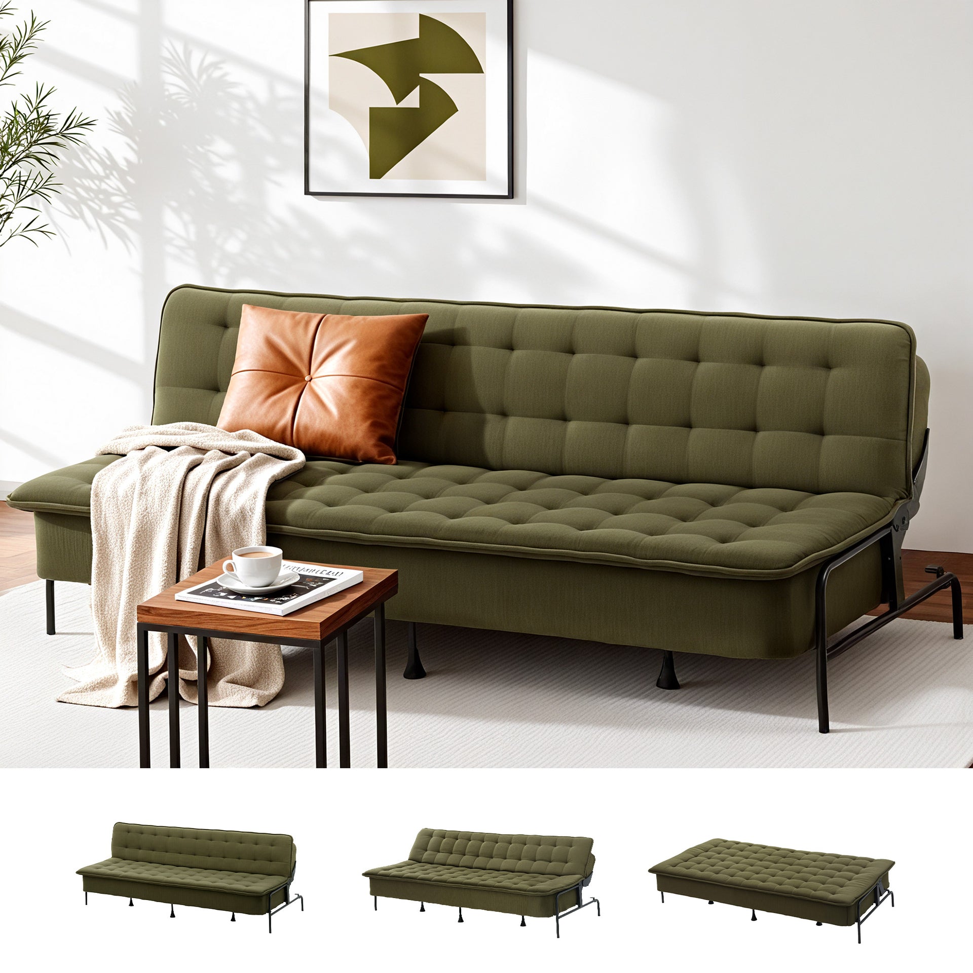 Artiss Sofa Bed, 1.9m 3-Seater Soft Innerspring Adjustable Couch Futon Chair for Apartment Dorm Living Room Office Study Bedroom, Green Awezingly
