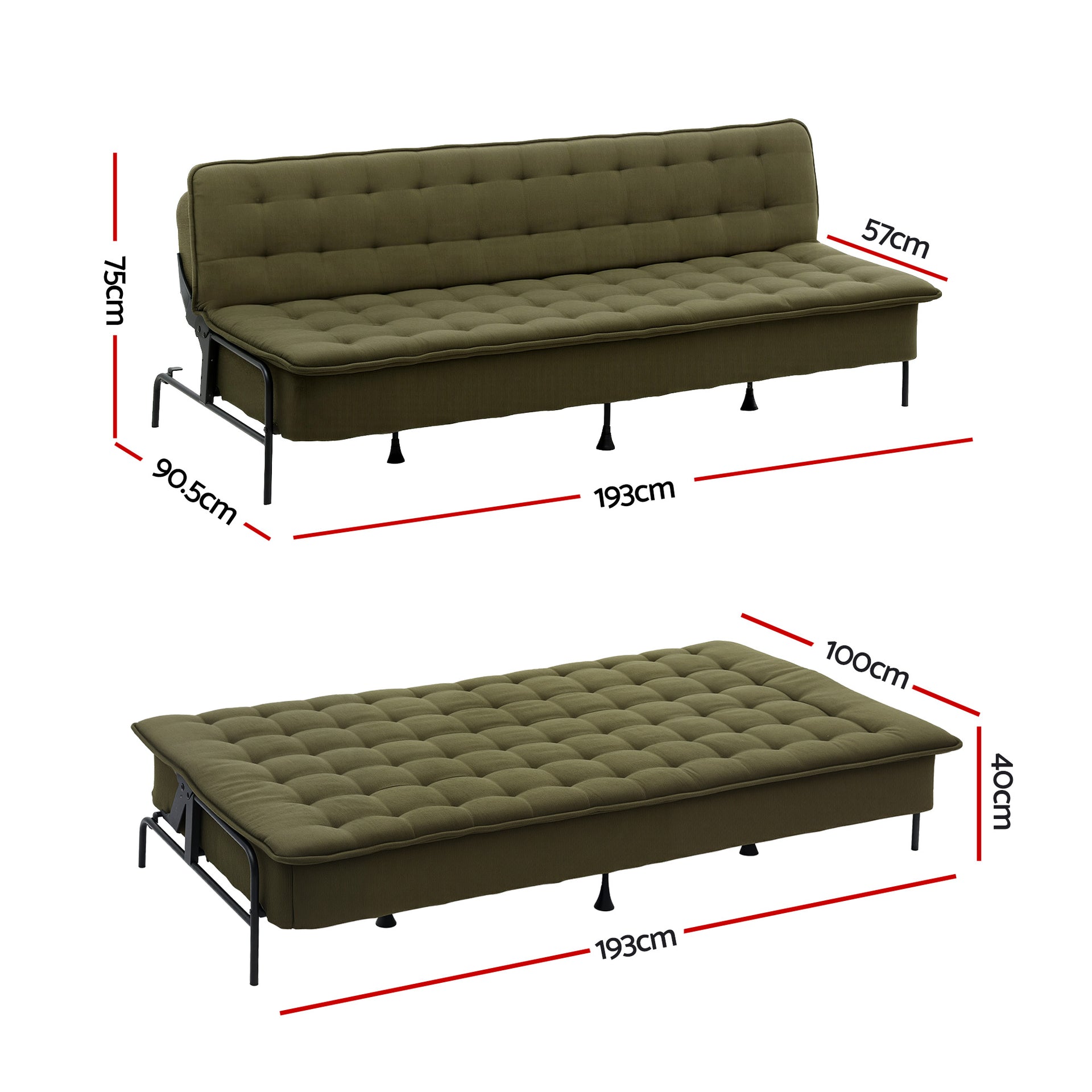 Artiss Sofa Bed, 1.9m 3-Seater Soft Innerspring Adjustable Couch Futon Chair for Apartment Dorm Living Room Office Study Bedroom, Green Awezingly