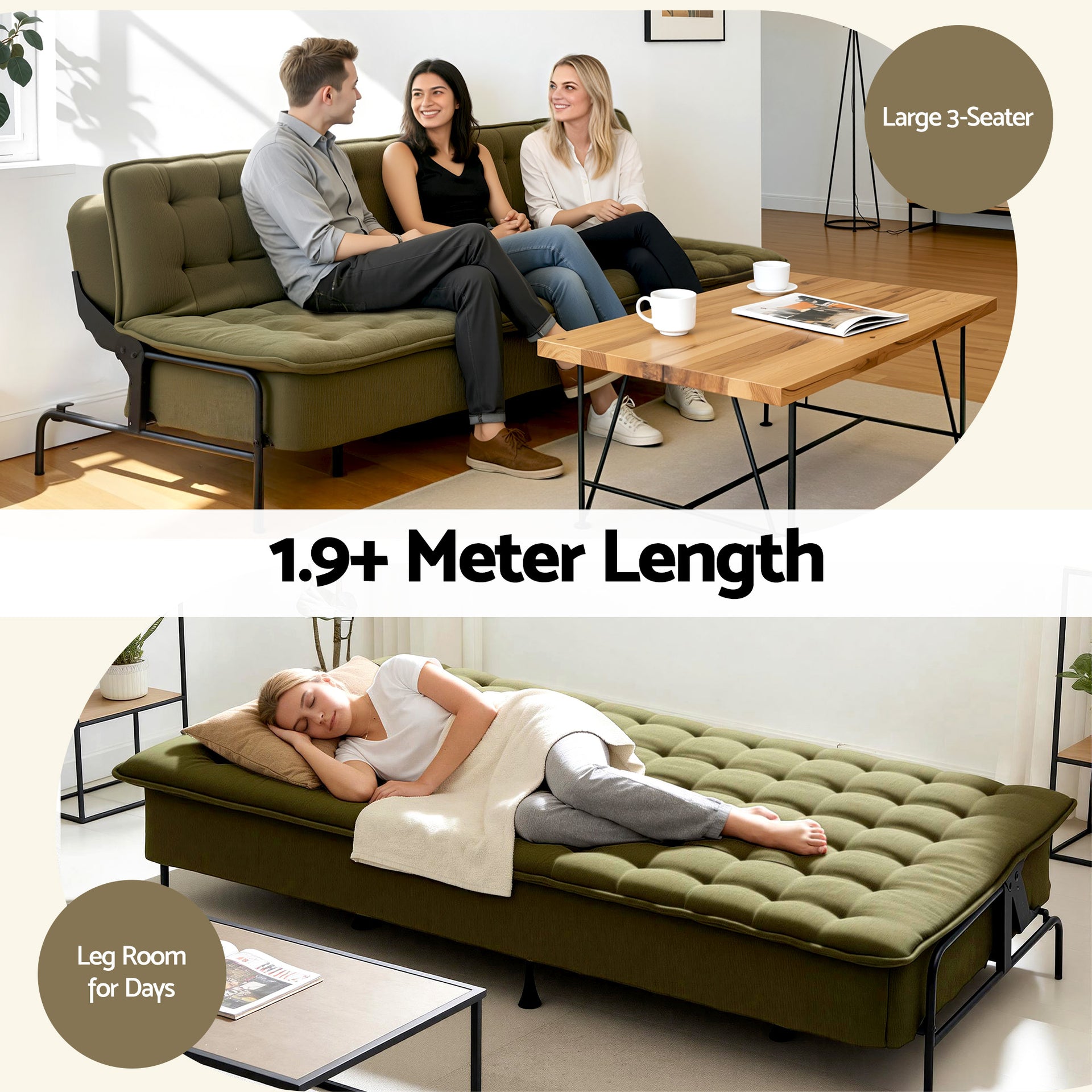 Artiss Sofa Bed, 1.9m 3-Seater Soft Innerspring Adjustable Couch Futon Chair for Apartment Dorm Living Room Office Study Bedroom, Green Awezingly