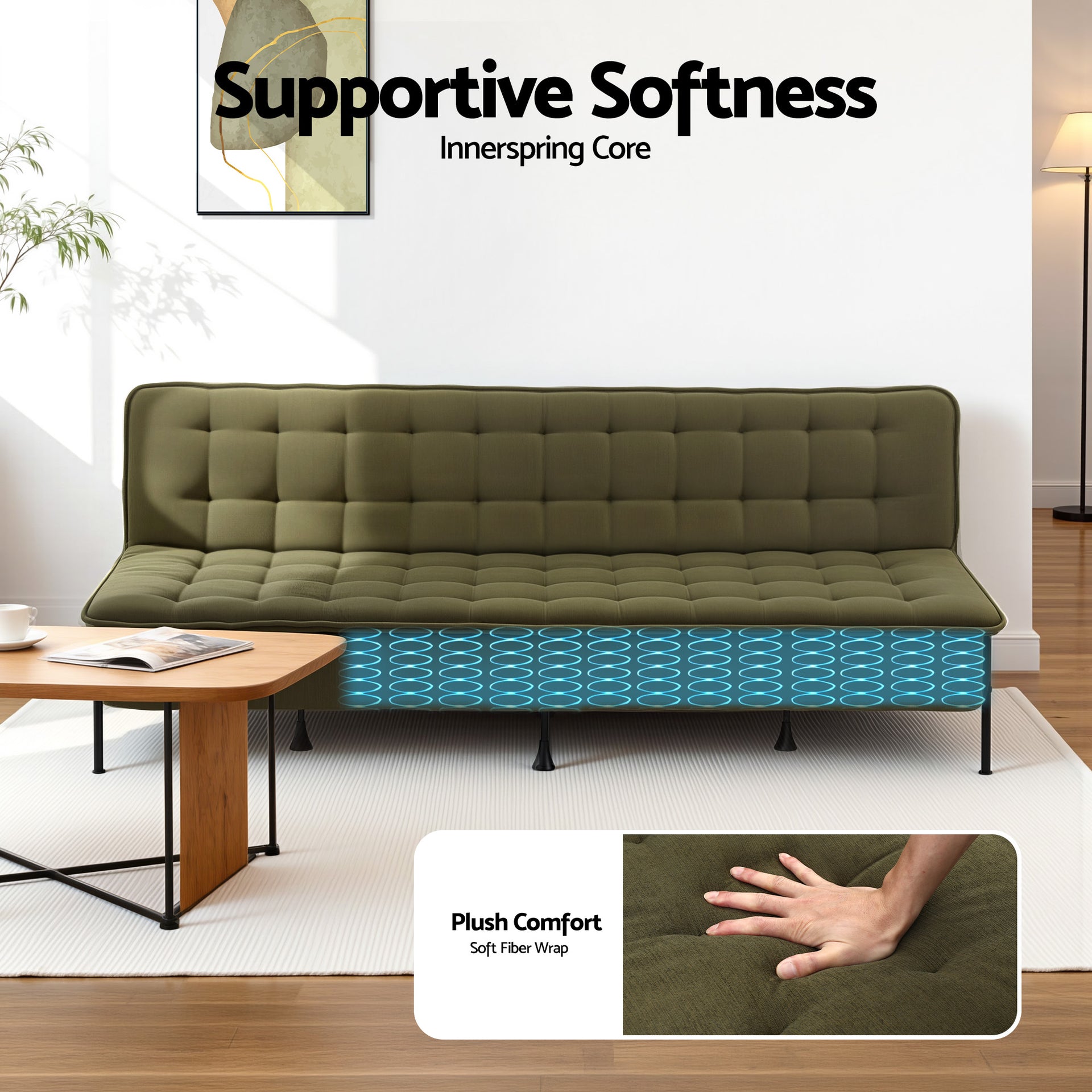 Artiss Sofa Bed, 1.9m 3-Seater Soft Innerspring Adjustable Couch Futon Chair for Apartment Dorm Living Room Office Study Bedroom, Green Awezingly
