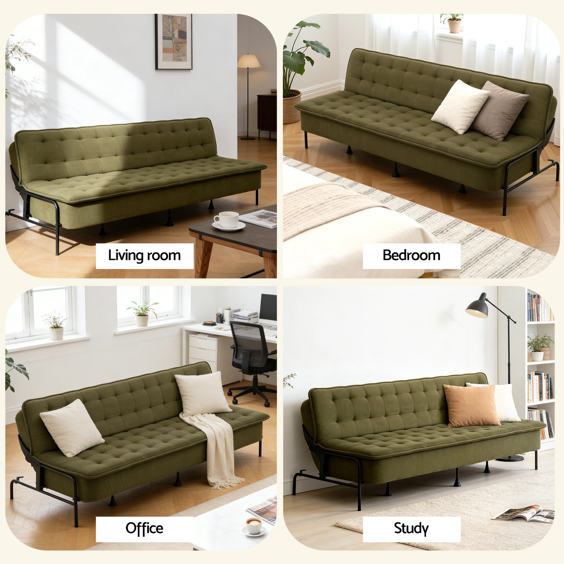 Artiss Sofa Bed, 1.9m 3-Seater Soft Innerspring Adjustable Couch Futon Chair for Apartment Dorm Living Room Office Study Bedroom, Green Awezingly