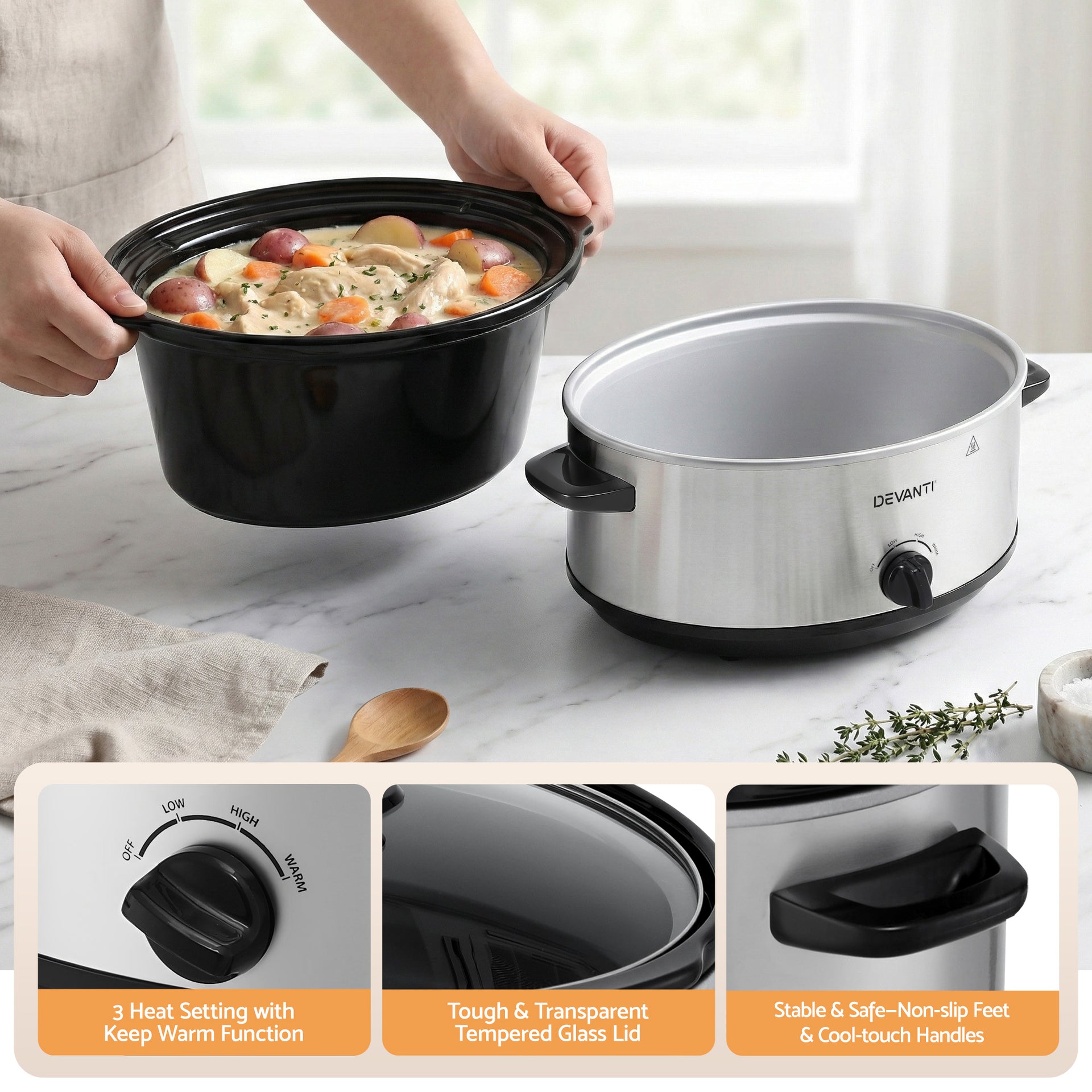 Devanti 6.5L Slow Cooker Electric Multi Cooker with 3 Heat Settings and Keep Warm Function Awezingly