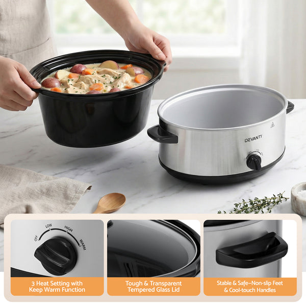 Devanti 6.5L Slow Cooker Electric Multi Cooker with 3 Heat Settings and Keep Warm Function Awezingly