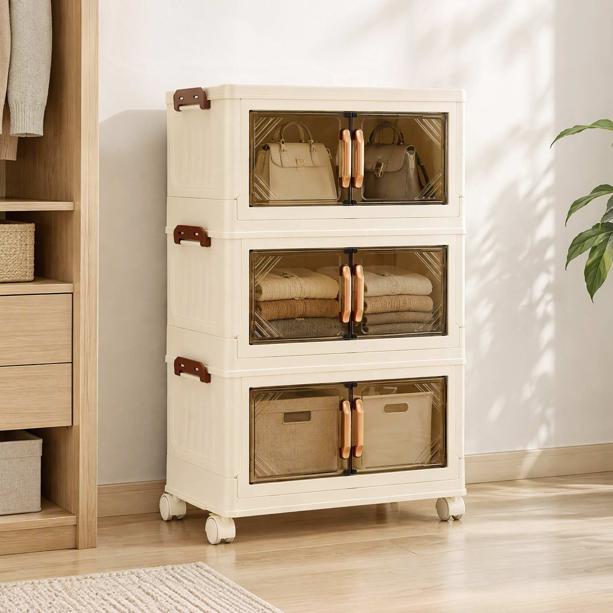 Artiss 3-Tier Foldable Storage Cabinet Stackable Box Clear Magnetic Door White Awezingly