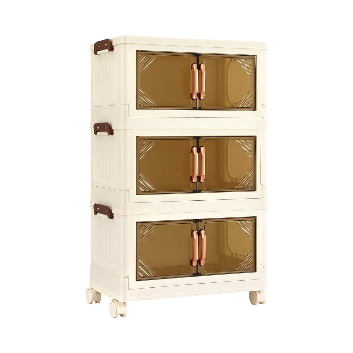 Artiss 3-Tier Foldable Storage Cabinet Stackable Box Clear Magnetic Door White Awezingly