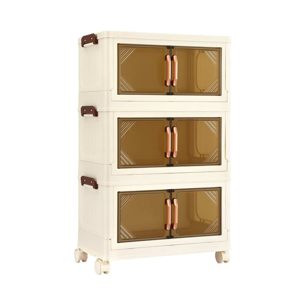 Artiss 3-Tier Foldable Storage Cabinet Stackable Box Clear Magnetic Door White Awezingly