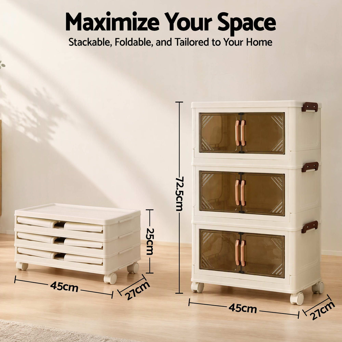 Artiss 3-Tier Foldable Storage Cabinet Stackable Box Clear Magnetic Door White Awezingly
