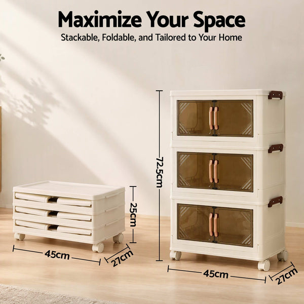 Artiss 3-Tier Foldable Storage Cabinet Stackable Box Clear Magnetic Door White Awezingly