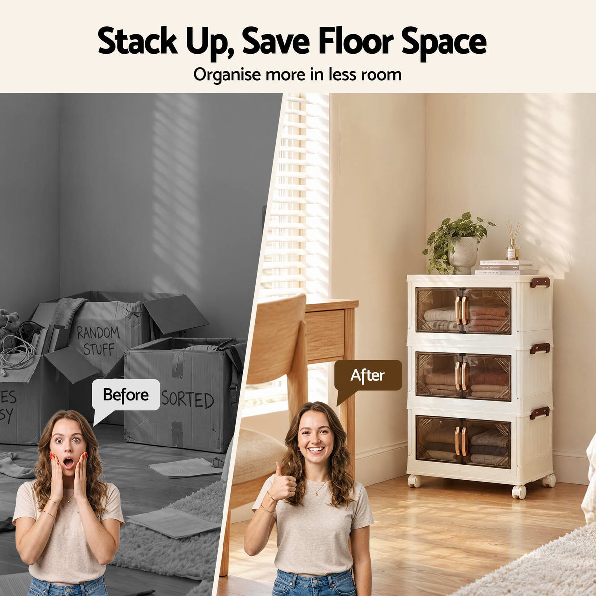 Artiss 3-Tier Foldable Storage Cabinet Stackable Box Clear Magnetic Door White Awezingly