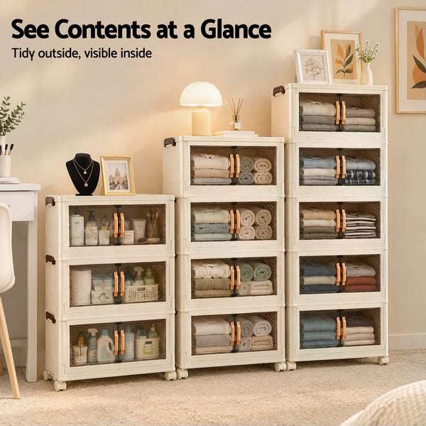 Artiss 3-Tier Foldable Storage Cabinet Stackable Box Clear Magnetic Door White Awezingly