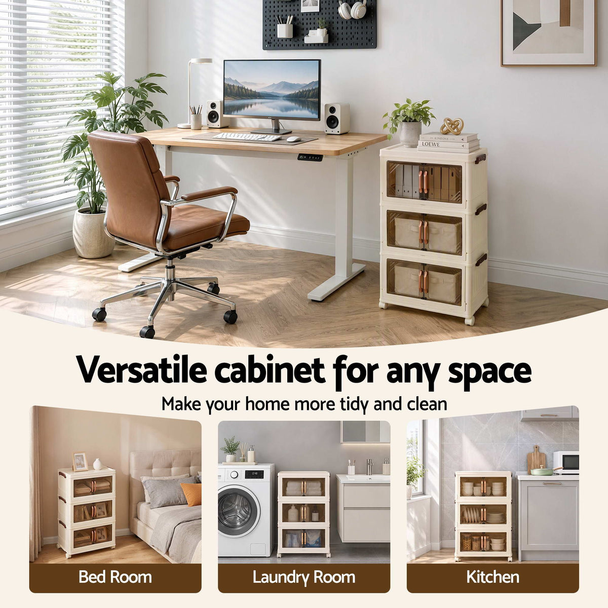 Artiss 3-Tier Foldable Storage Cabinet Stackable Box Clear Magnetic Door White Awezingly