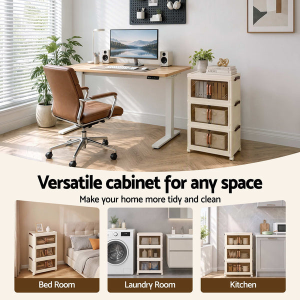 Artiss 3-Tier Foldable Storage Cabinet Stackable Box Clear Magnetic Door White Awezingly