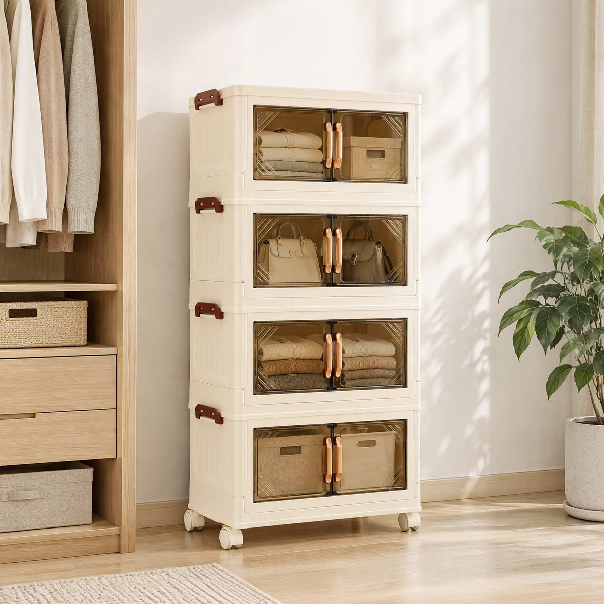 Artiss 4-Tier Foldable Storage Cabinet Stackable Box Clear Magnetic Door White Awezingly
